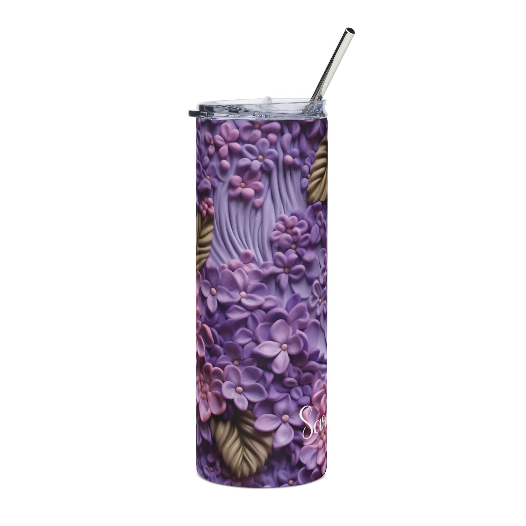 Side view of the lilac floral skinny tumbler showing dimensional purple blooms wrapping around