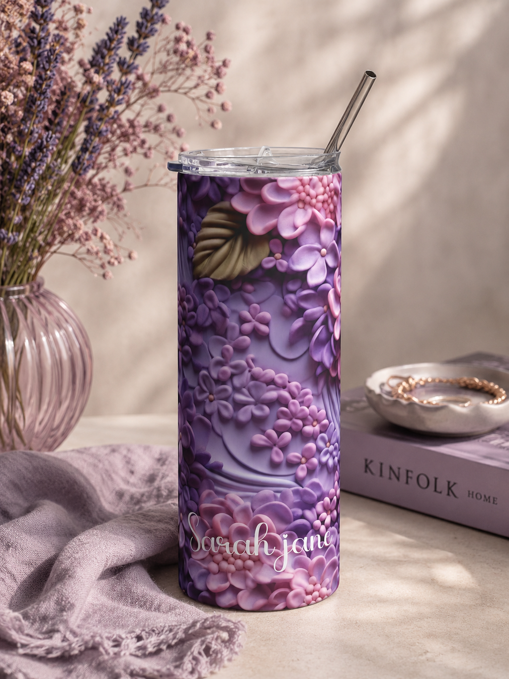 Lilac floral skinny tumbler styled with lavender props in a lifestyle scene