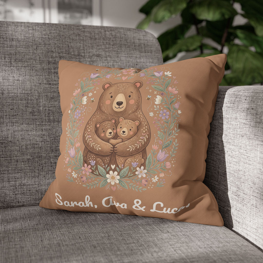 Close-up of the soft canvas fabric of the mama bear pillow