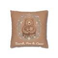 Personalized mama bear pillow with an illustrated bear hugging two cubs in a floral wreath and three custom children's names