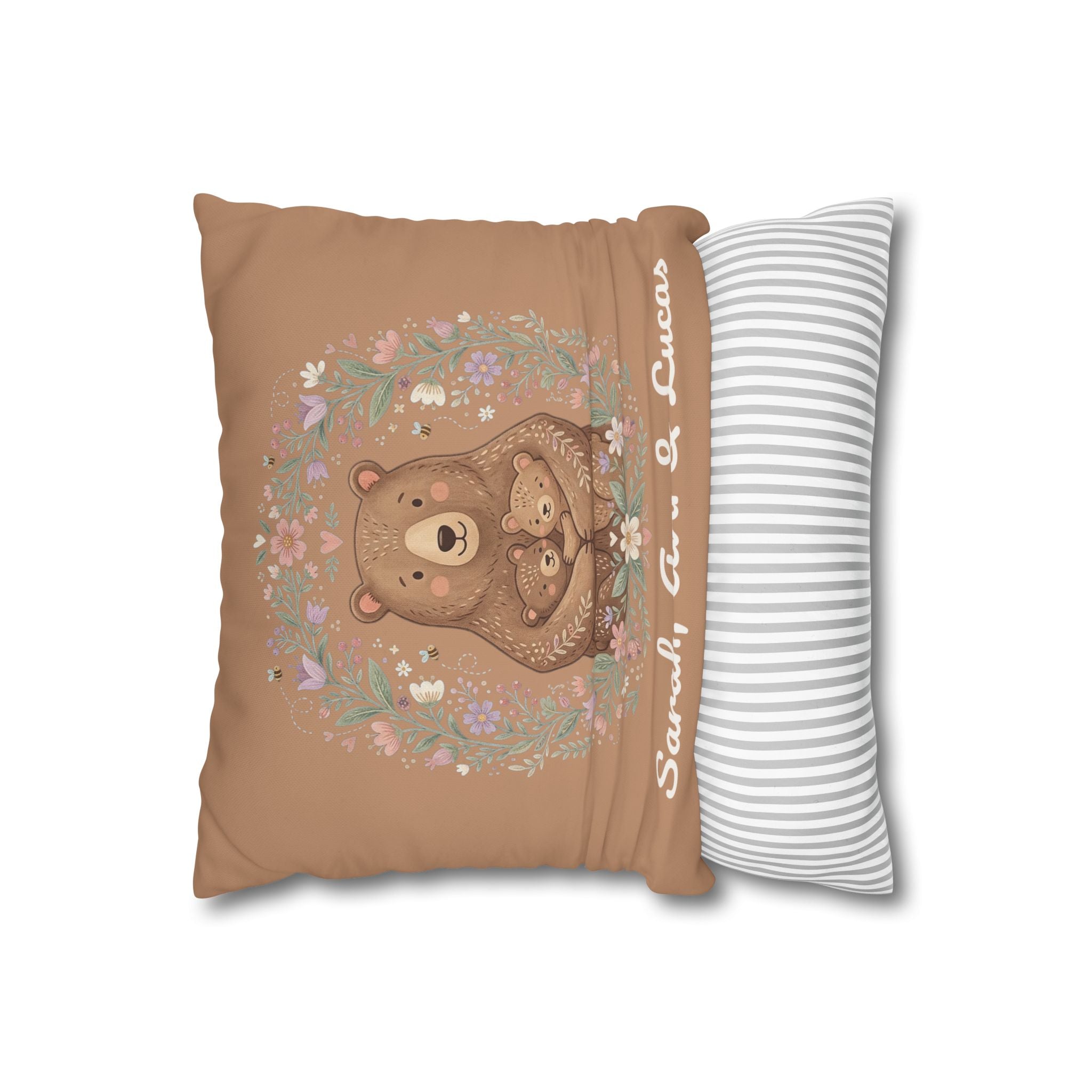 Mama bear name pillow resting on a bed