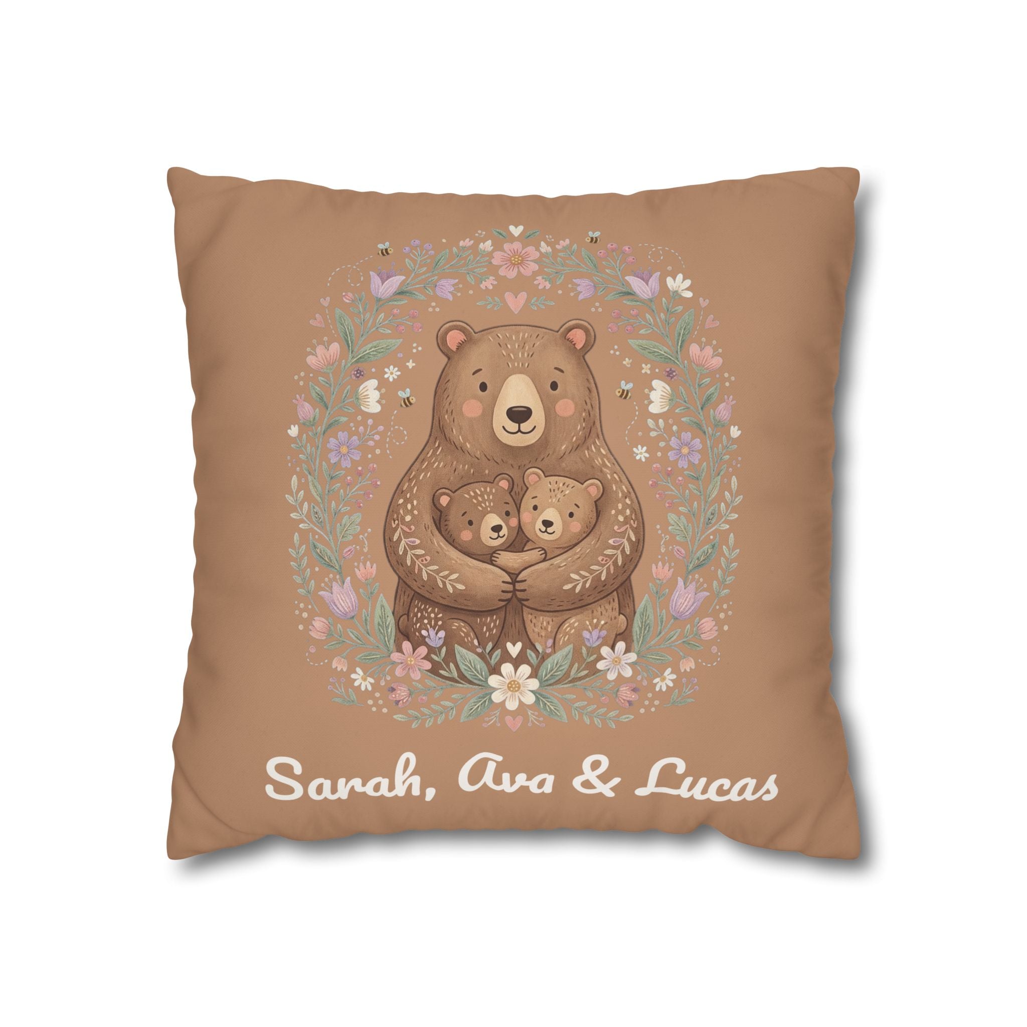 Personalized mama bear pillow styled on a living-room sofa