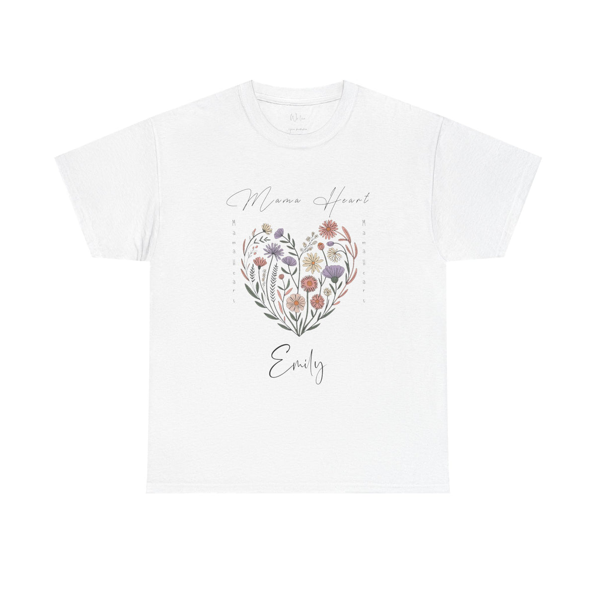 Personalized Mama Heart t-shirt with wildflower wreath design