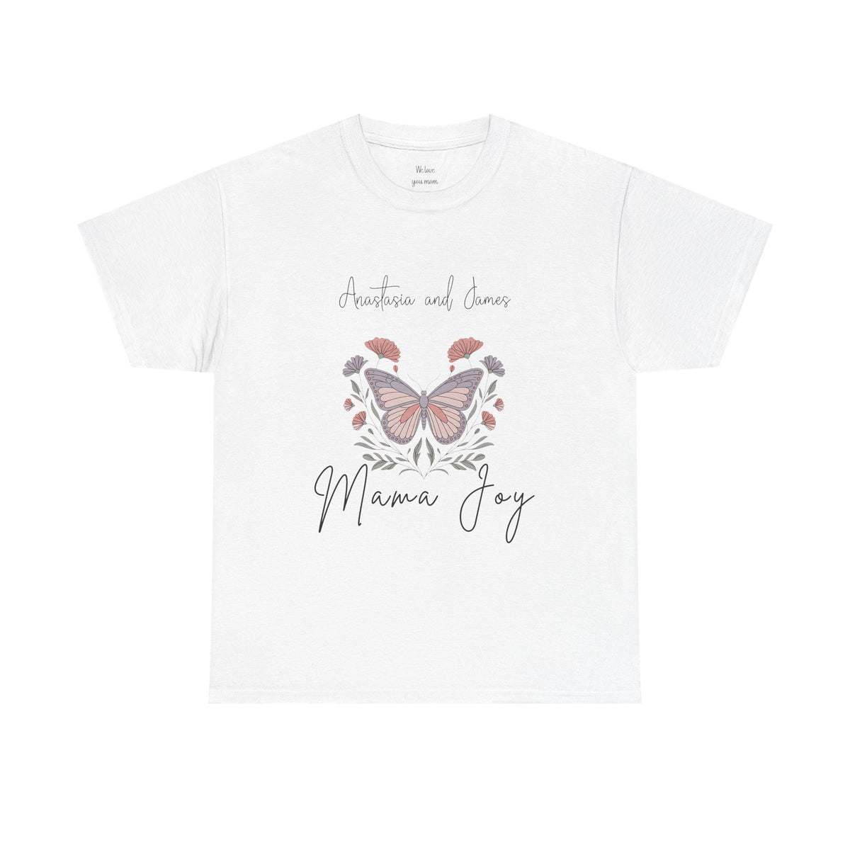 Personalized Mama Joy t-shirt with butterfly and blossom design