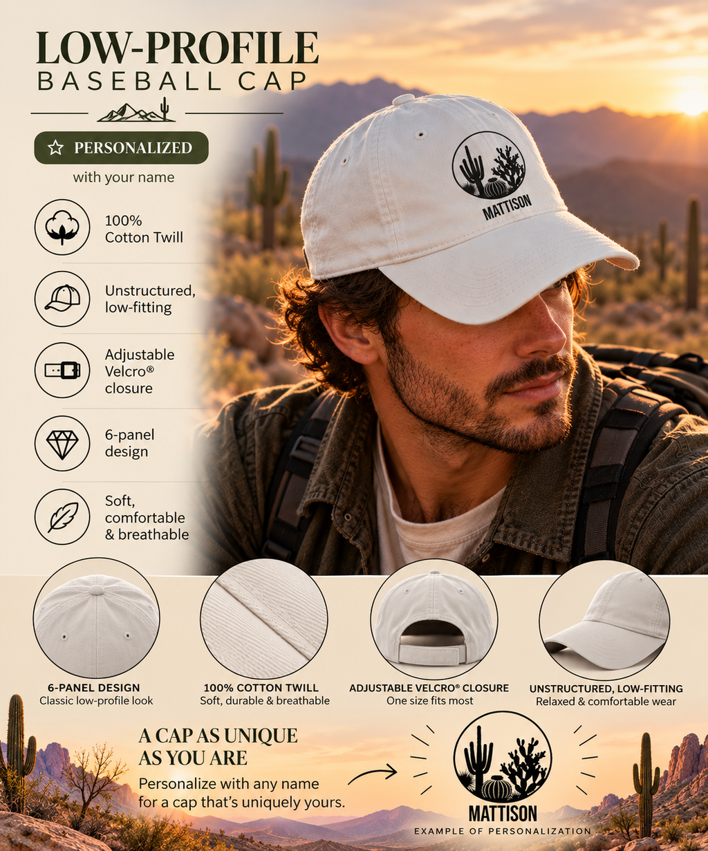 Infographic of the personalized minimalist cactus cap: 100% cotton twill, 6-panel unstructured low-profile fit, adjustable Velcro closure
