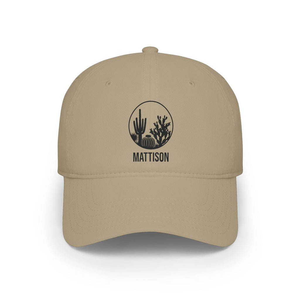 Khaki personalized minimalist cactus cap with minimalist circle badge with saguaro, barrel and prickly pear cactus silhouettes and the name Mattison, front view