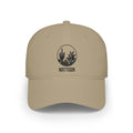 Khaki personalized minimalist cactus cap with minimalist circle badge with saguaro, barrel and prickly pear cactus silhouettes and the name Mattison, front view