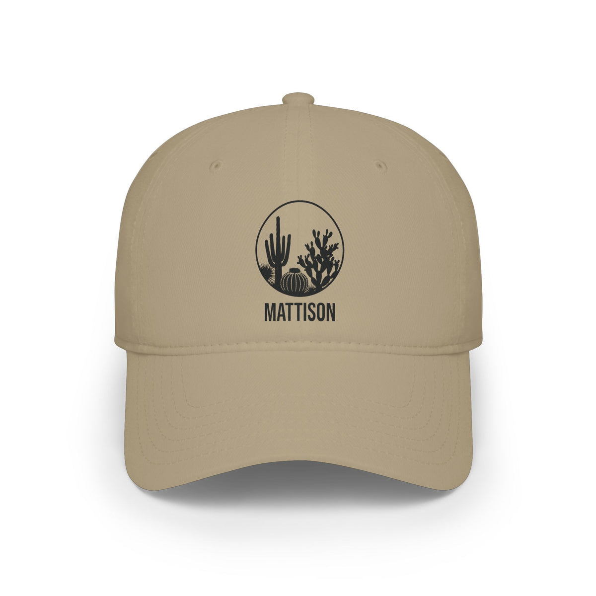 Khaki personalized minimalist cactus cap with minimalist circle badge with saguaro, barrel and prickly pear cactus silhouettes and the name Mattison, front view