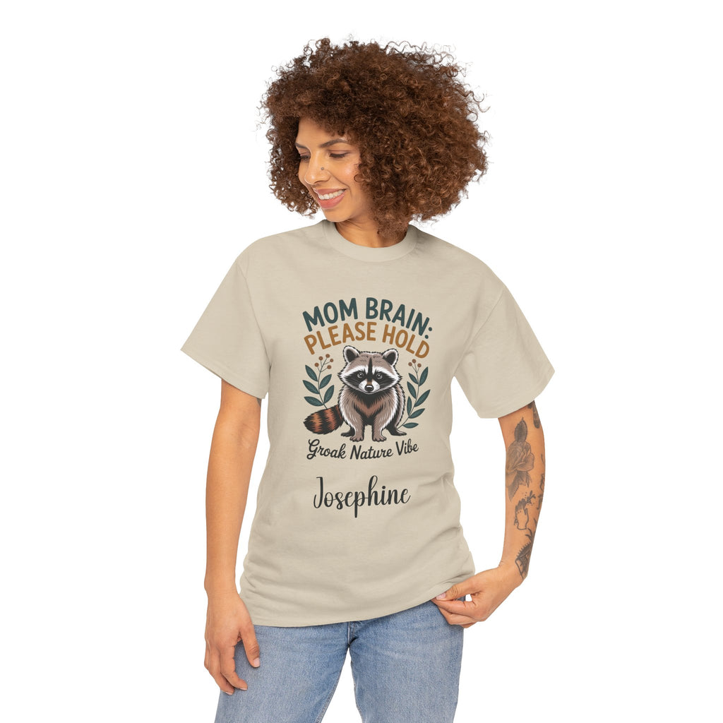 Mom Brain Please Hold t-shirt shown folded