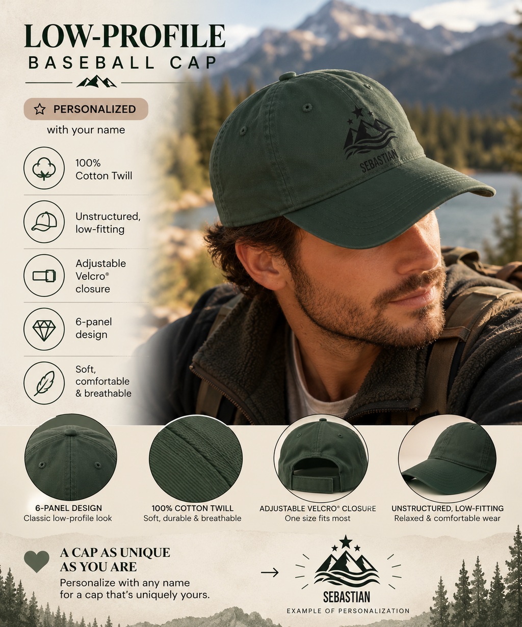 Infographic of the personalized mountain stars cap: 100% cotton twill, 6-panel unstructured low-profile fit, adjustable Velcro closure