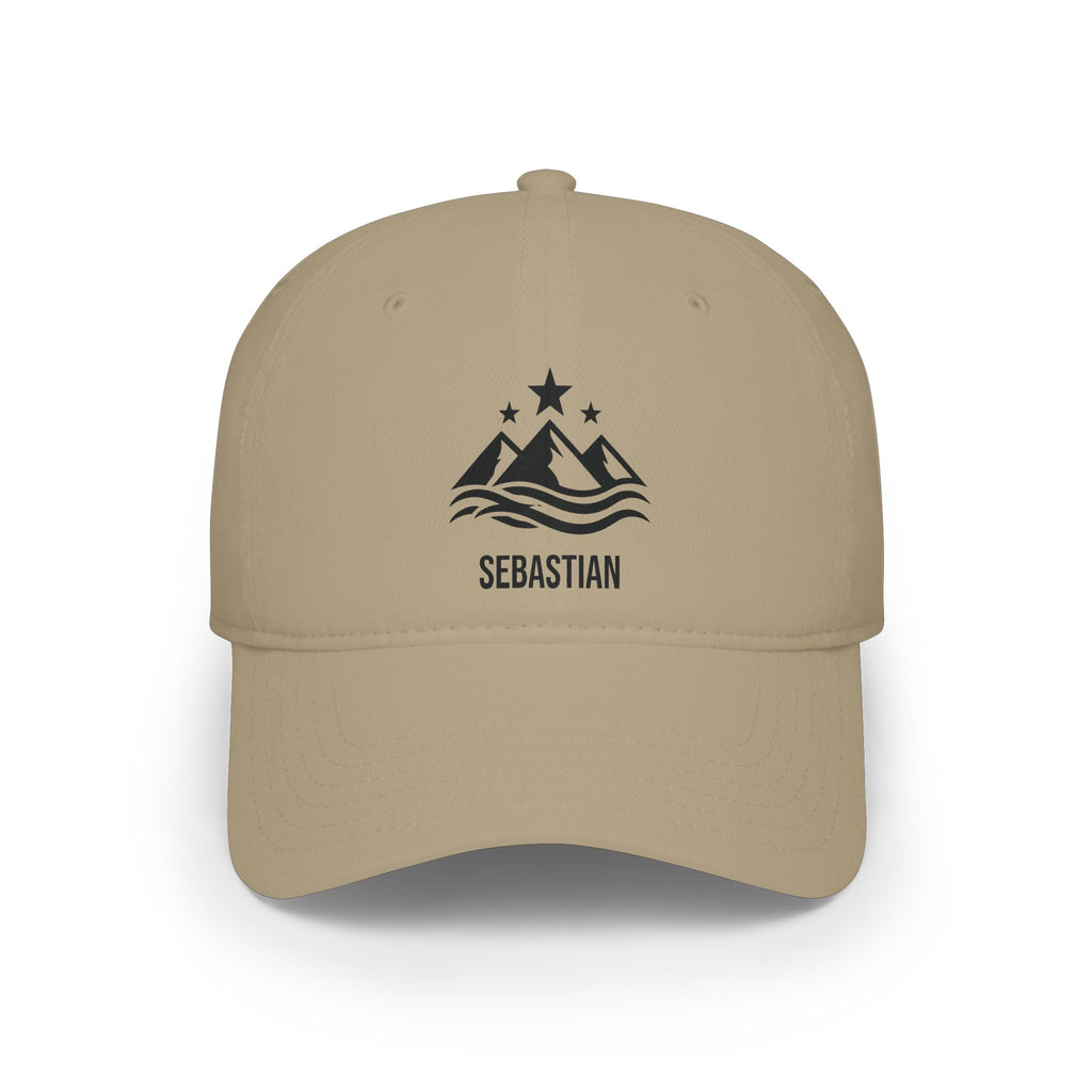 Khaki personalized mountain stars cap with bold silhouette of mountain peaks topped with three stars above flowing water and the name Sebastian, front view