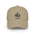 Khaki personalized mountain stars cap with bold silhouette of mountain peaks topped with three stars above flowing water and the name Sebastian, front view