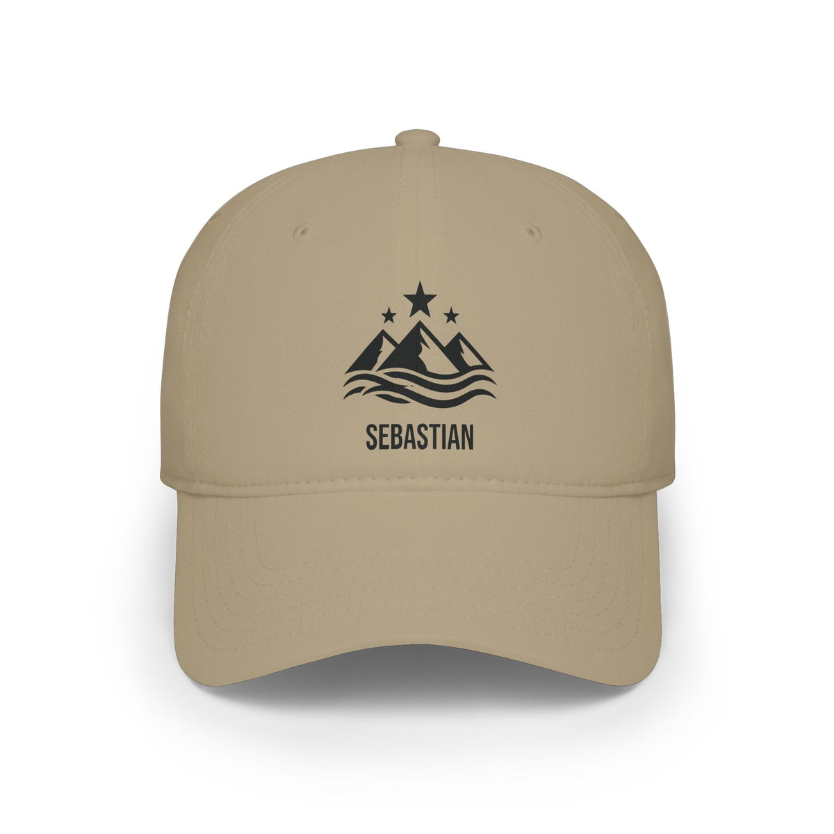 Khaki personalized mountain stars cap with bold silhouette of mountain peaks topped with three stars above flowing water and the name Sebastian, front view