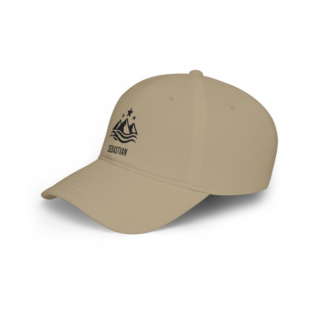 Khaki personalized mountain stars cap, left side view of the low-profile 6-panel fit