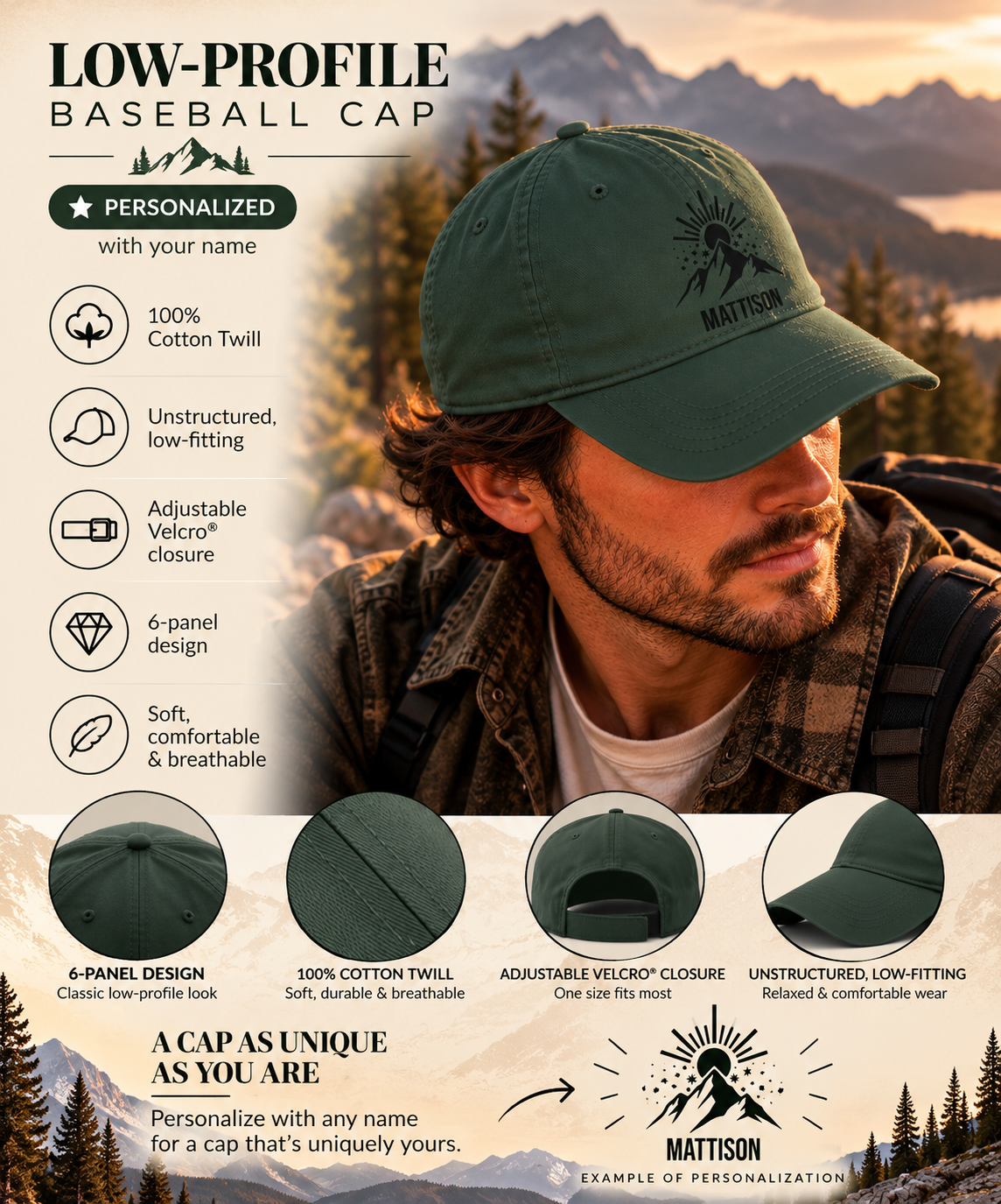 Infographic of the personalized mountain sunrise cap: 100% cotton twill, 6-panel unstructured low-profile fit, adjustable Velcro closure