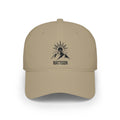Khaki personalized mountain sunrise cap with bold mountain peak silhouette under a radiant rising sun and stars and the name Mattison, front view