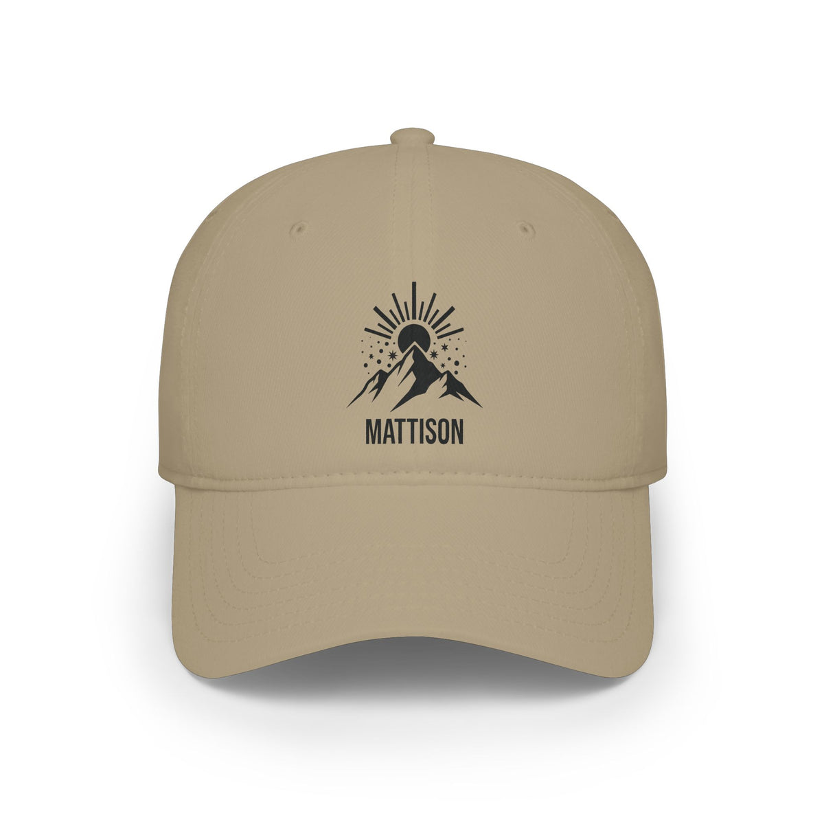 Khaki personalized mountain sunrise cap with bold mountain peak silhouette under a radiant rising sun and stars and the name Mattison, front view