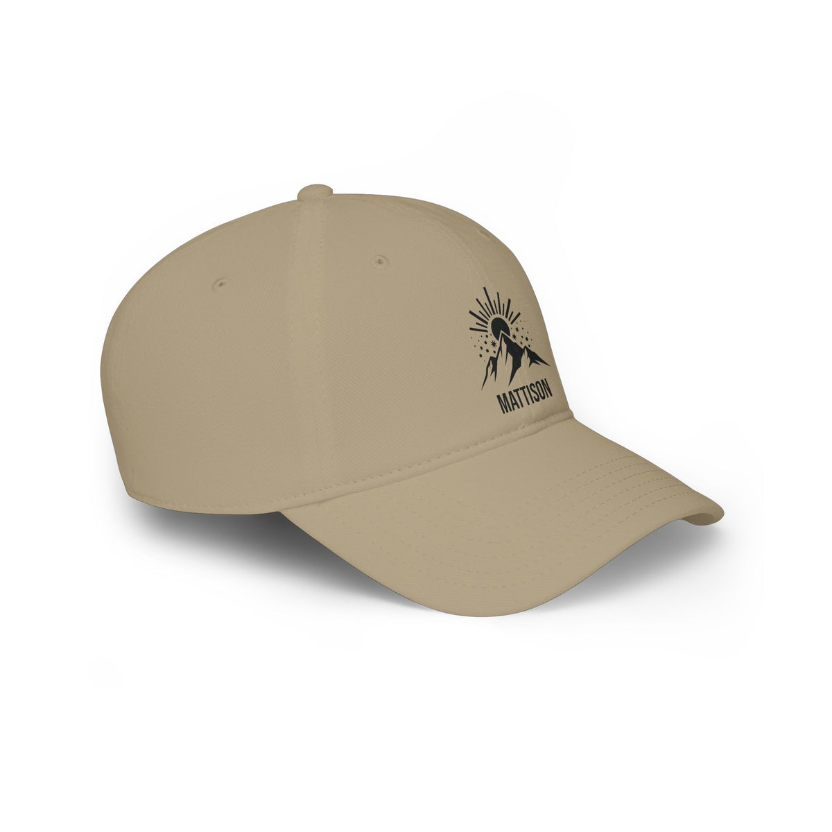 Khaki personalized mountain sunrise cap, right side view of the low-profile 6-panel fit