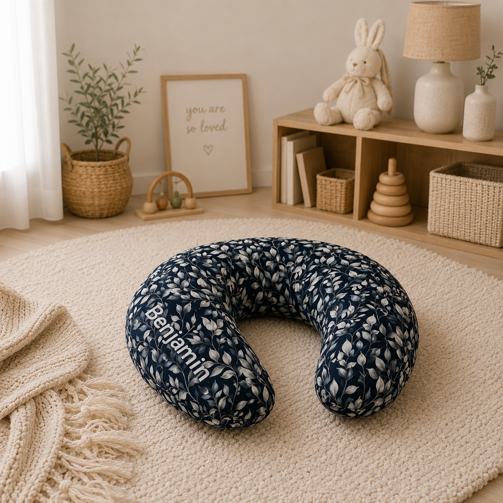 Close-up of the navy and silver-blue leaf pattern on the nursing pillow cover