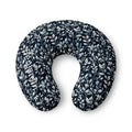 Personalized nursing pillow cover in navy with silver-blue botanical leaves and a custom baby name