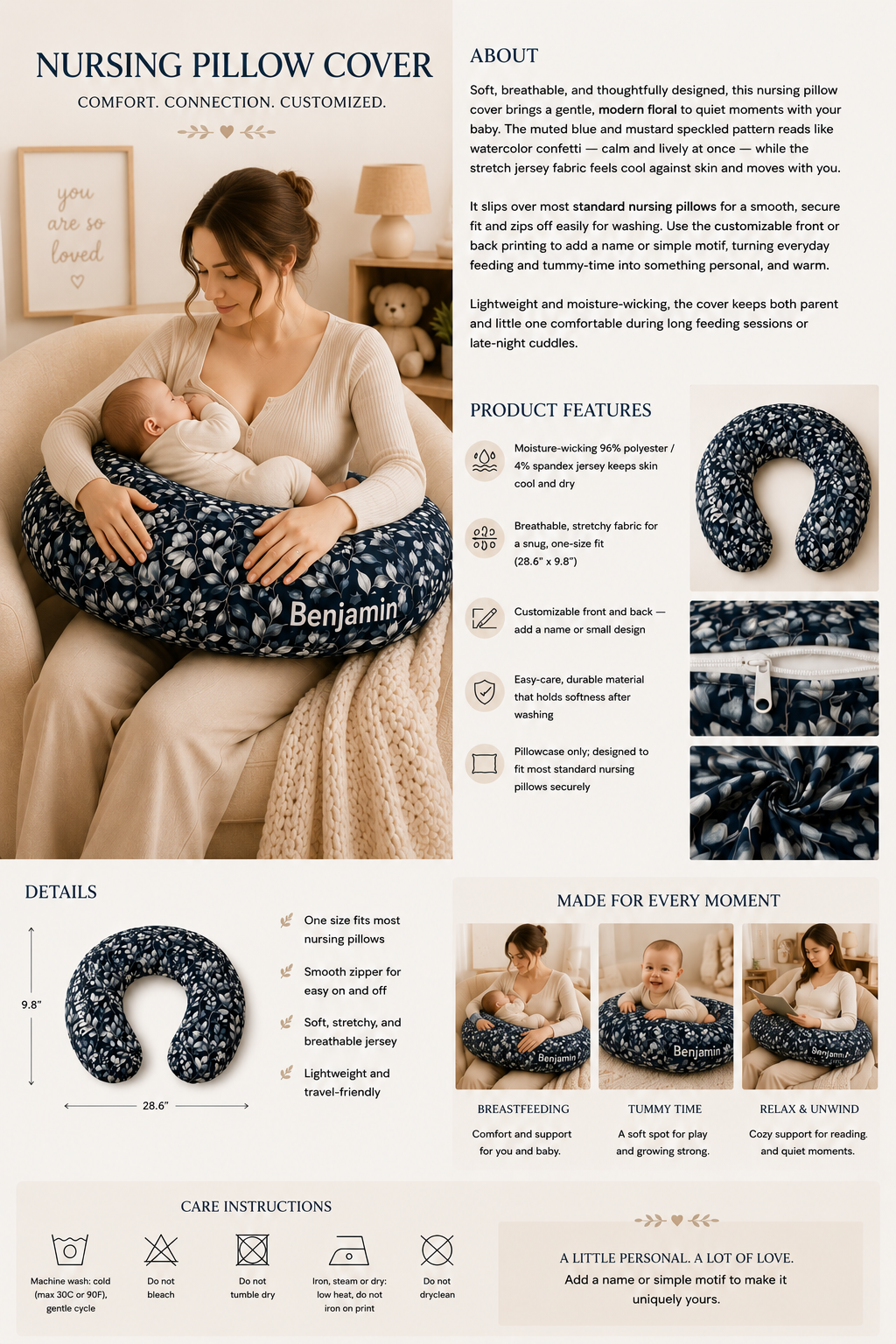 Navy botanical nursing pillow cover styled in the nursery