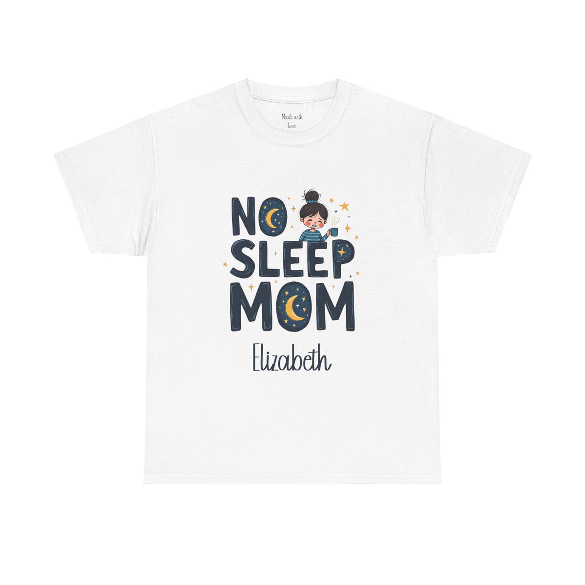 Personalized No Sleep Mom t-shirt with crescent moon design