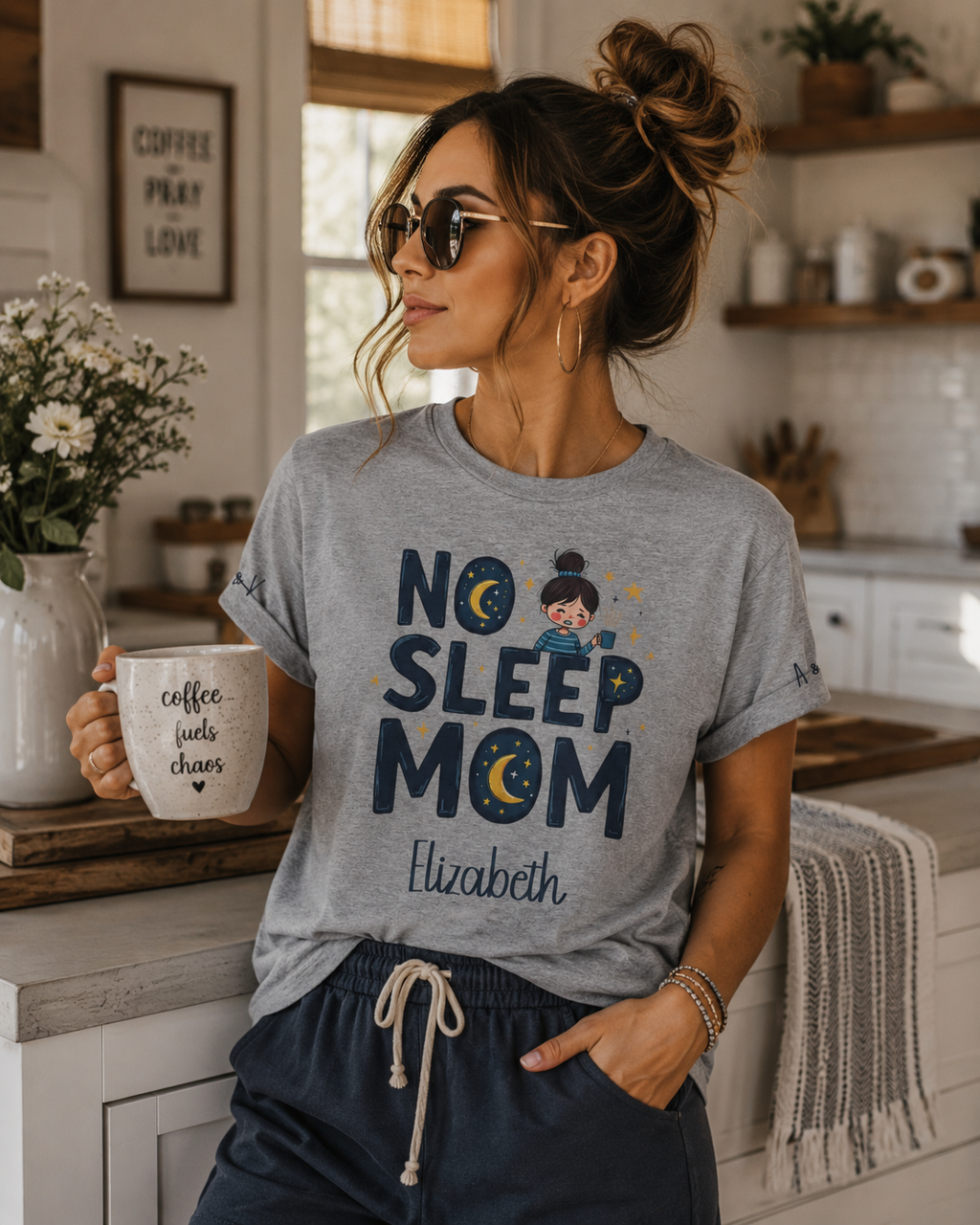 Personalized No Sleep Mom T-Shirt – Crescent Moon Mom Tee