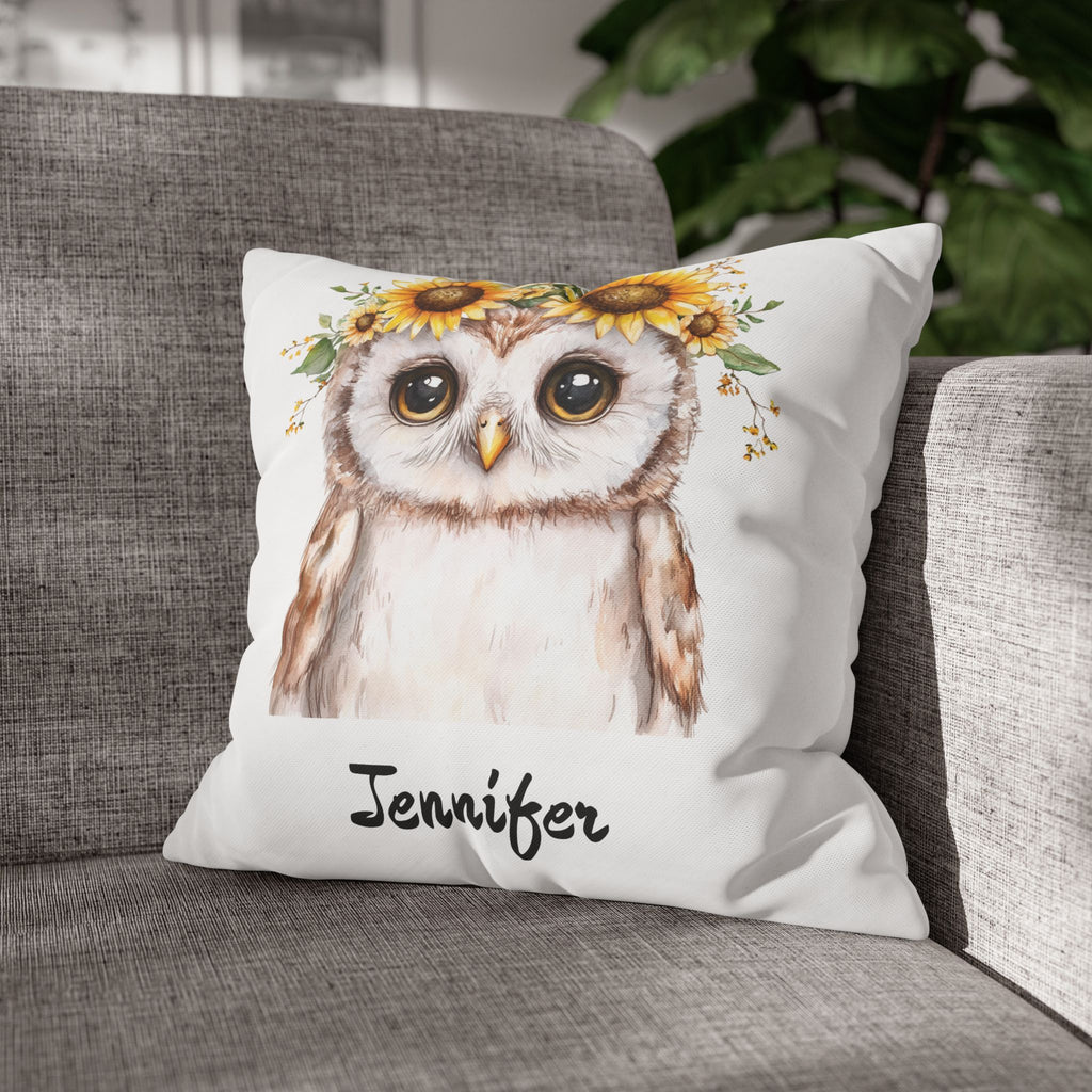 Close-up of the soft canvas fabric of the owl nursery pillow
