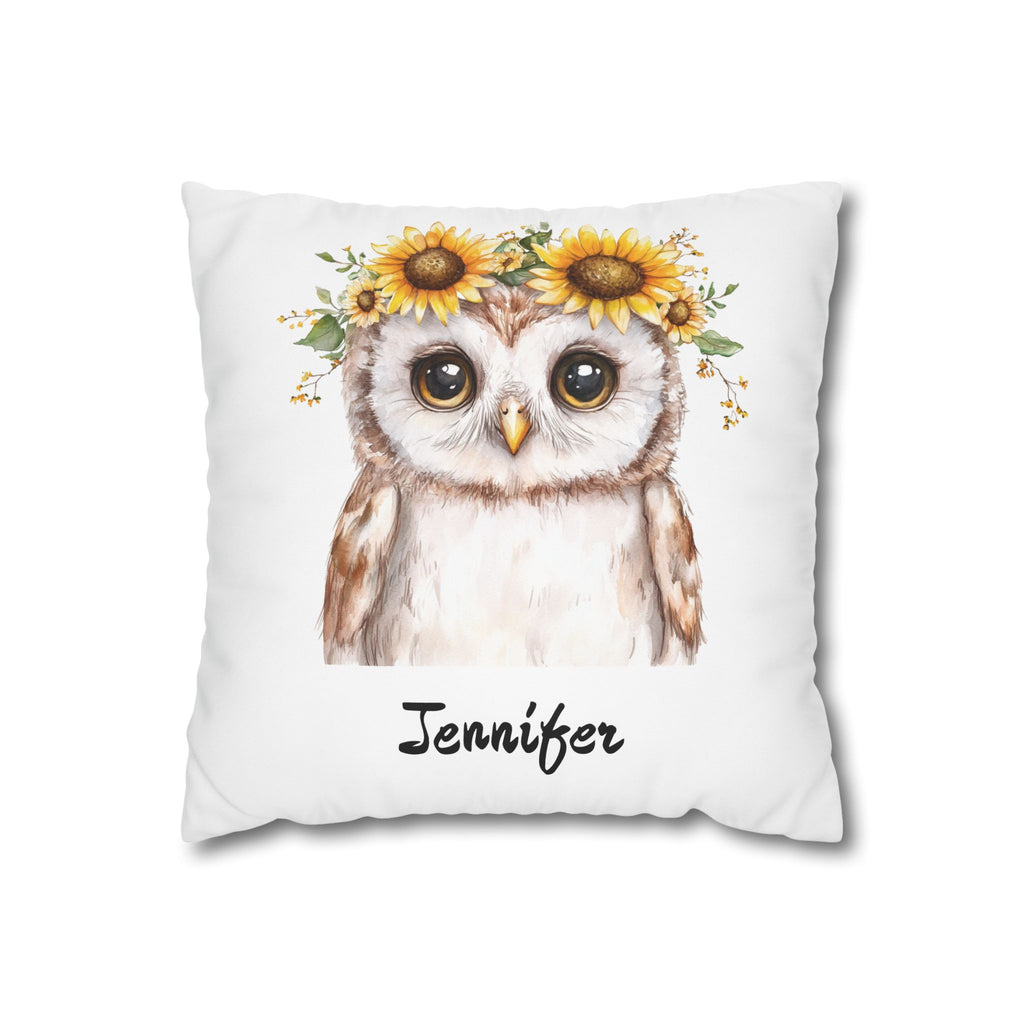 Personalized nursery pillow with a watercolour baby owl in a sunflower crown and a custom child's name