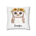 Personalized nursery pillow with a watercolour baby owl in a sunflower crown and a custom child's name
