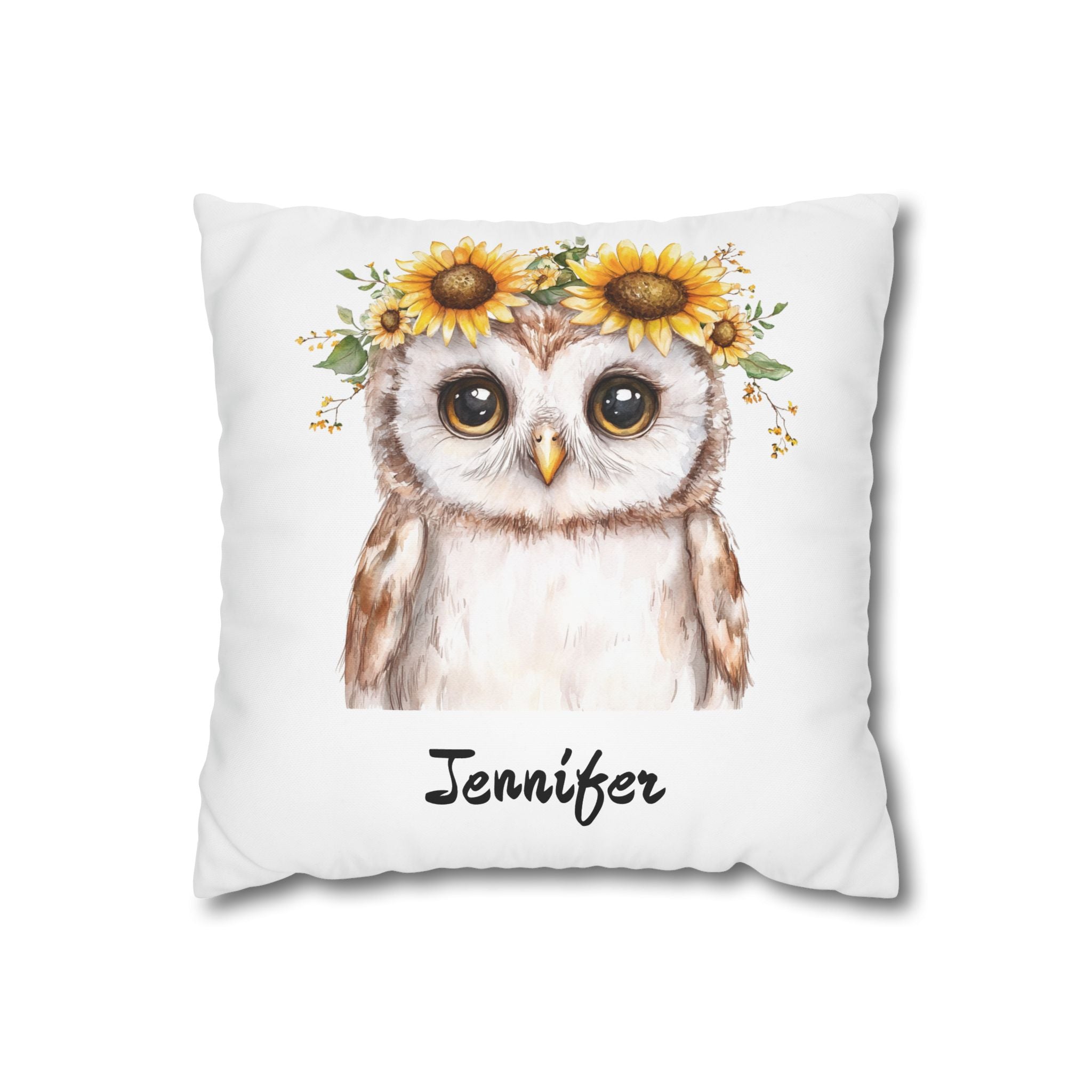 Personalized nursery pillow with a watercolour baby owl in a sunflower crown and a custom child's name