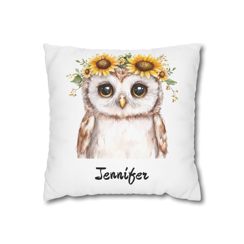 Personalized nursery pillow with a watercolour baby owl in a sunflower crown and a custom child's name