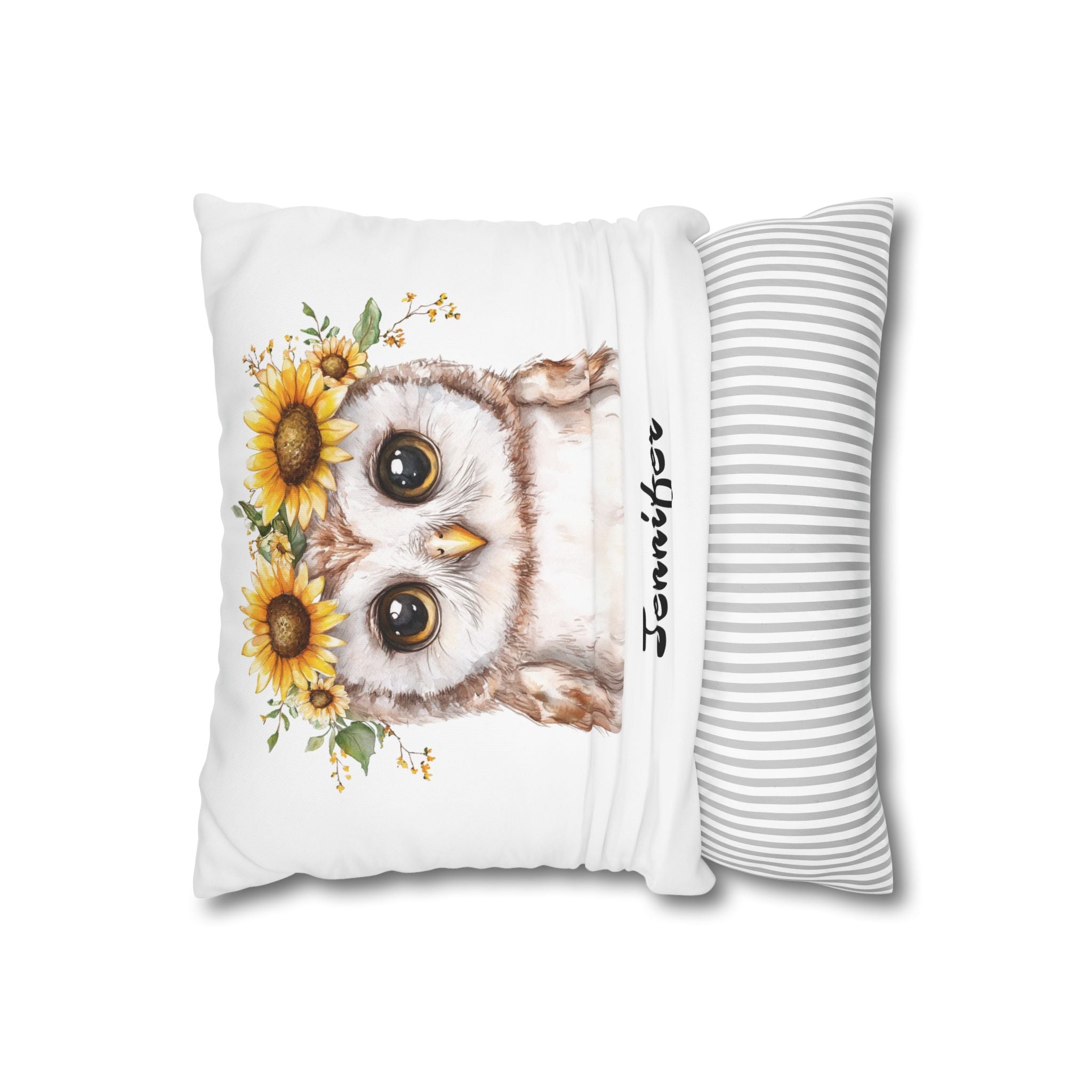 Baby owl name pillow styled on a nursery chair