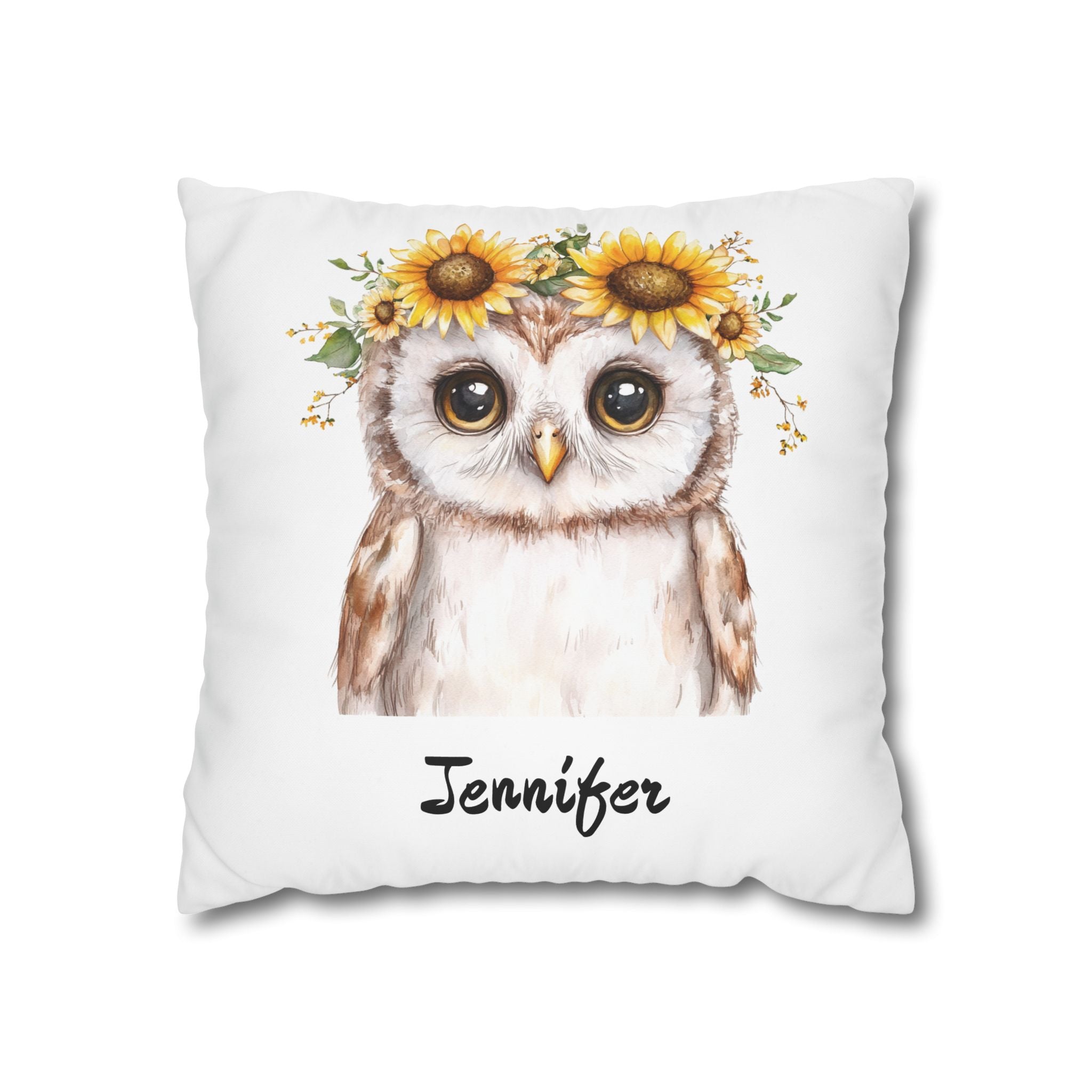 Personalized baby owl nursery pillow resting on a child's bed