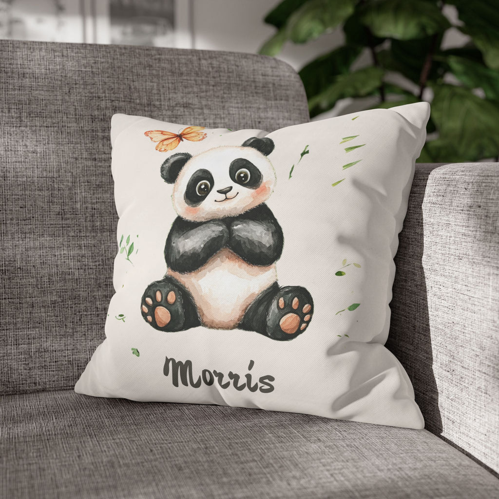 Close-up of the soft canvas fabric of the panda nursery pillow
