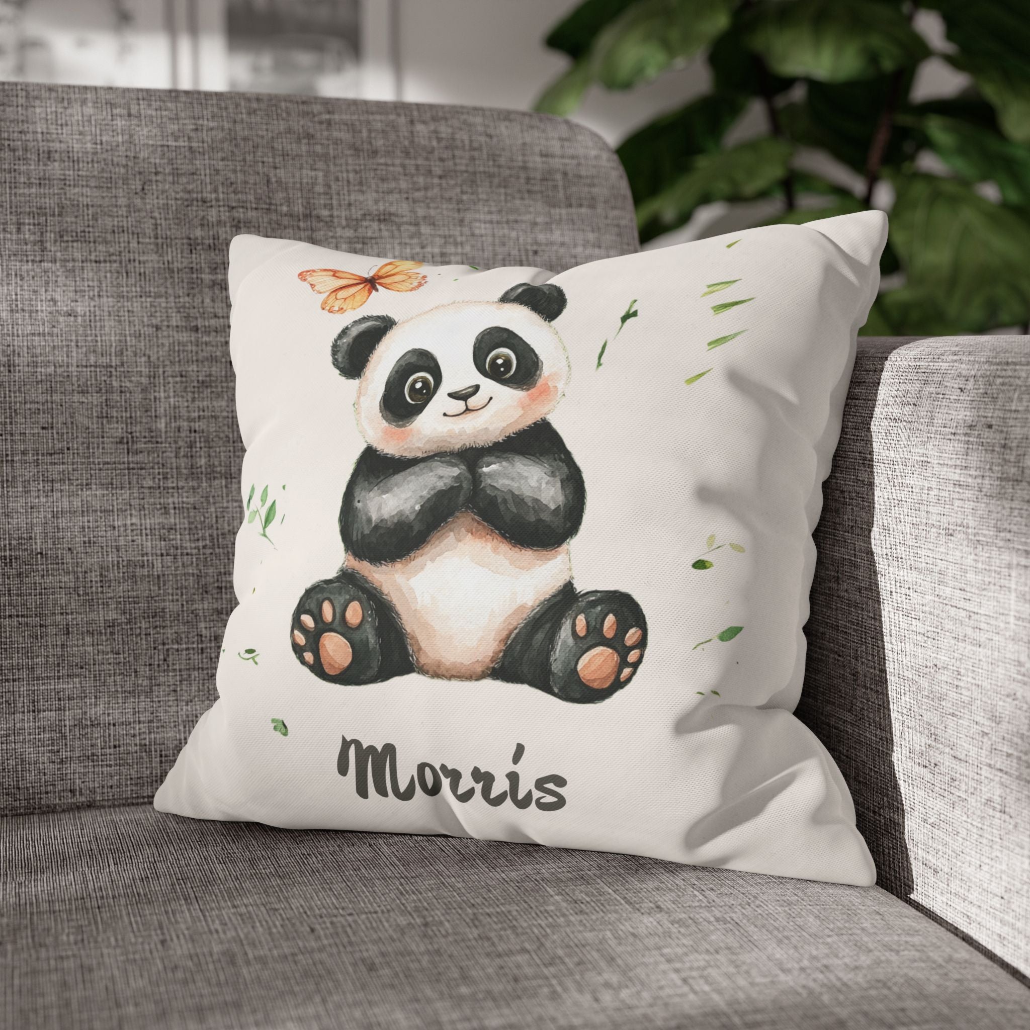 Close-up of the soft canvas fabric of the panda nursery pillow