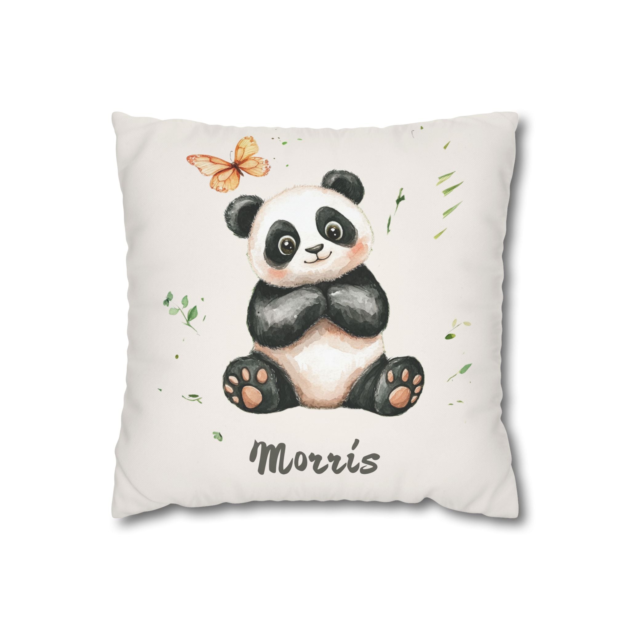 Personalized nursery pillow with a watercolour baby panda and butterfly and a custom child's name