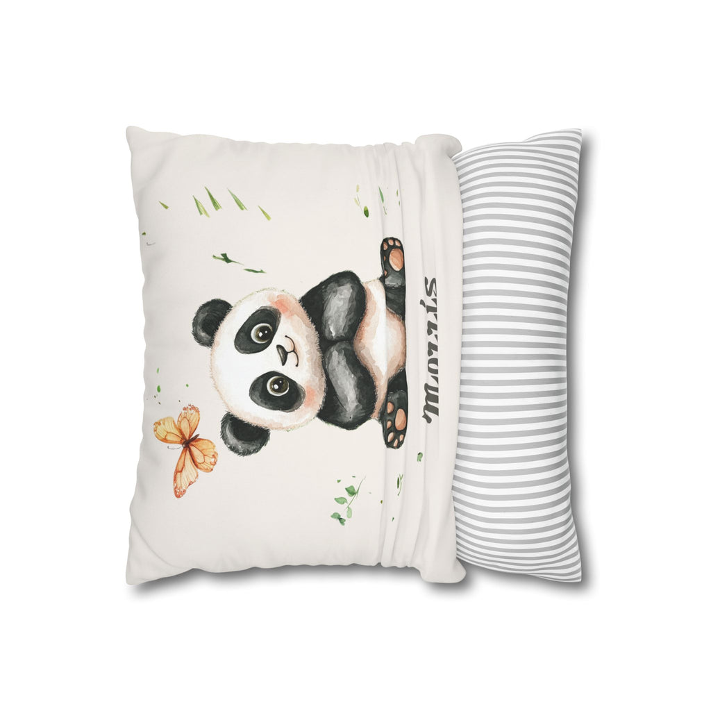 Baby panda name pillow styled on a nursery chair
