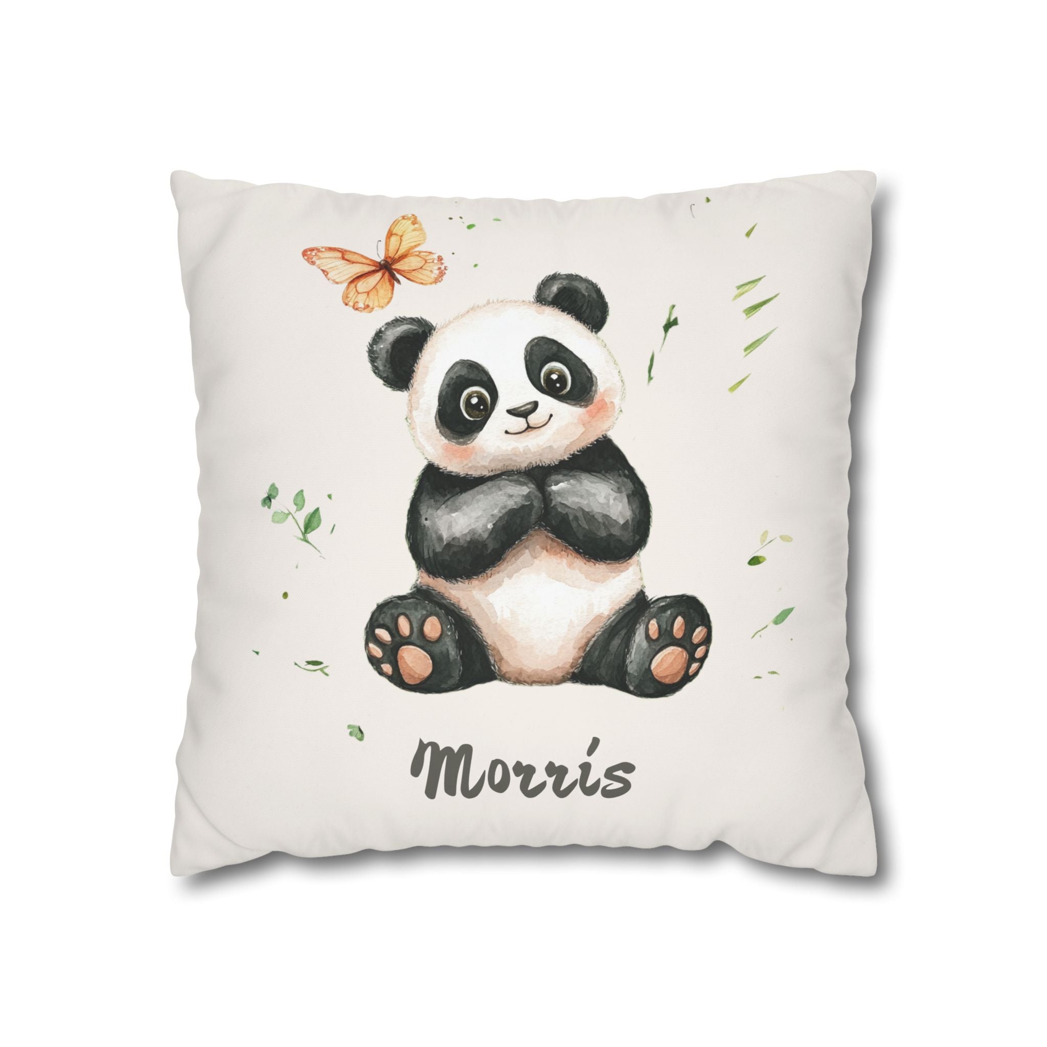 Personalized baby panda nursery pillow resting on a child's bed