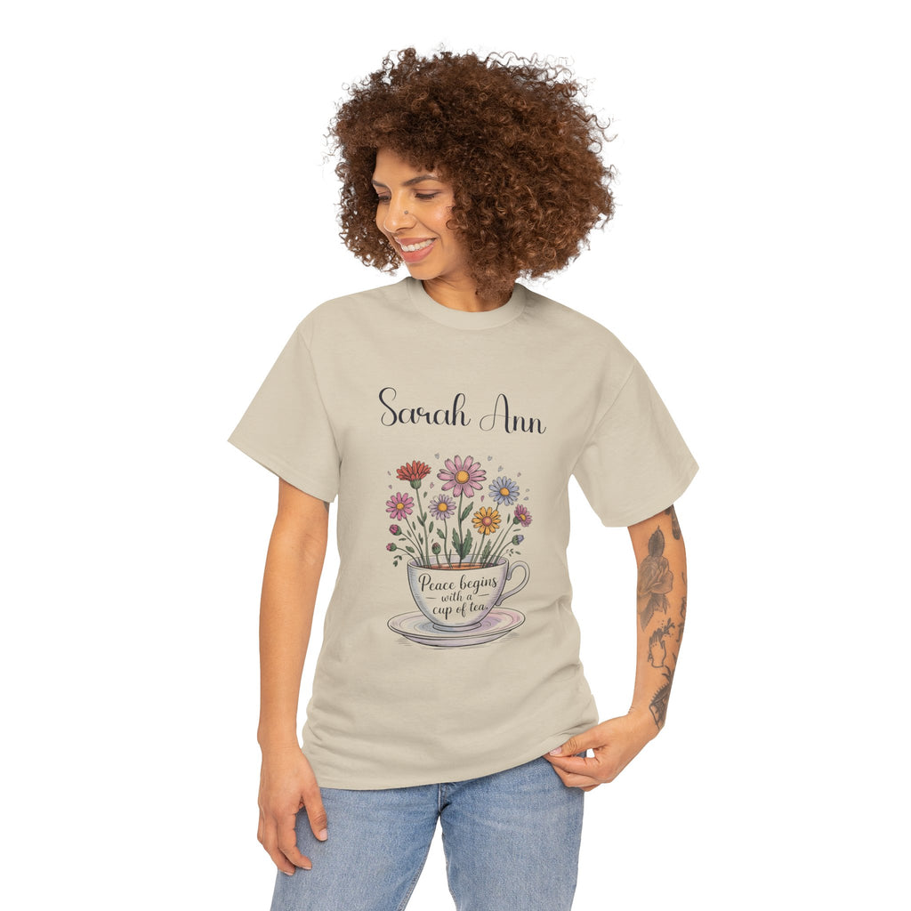 Inside neck label detail of the Peace Begins with a Cup of Tea t-shirt
