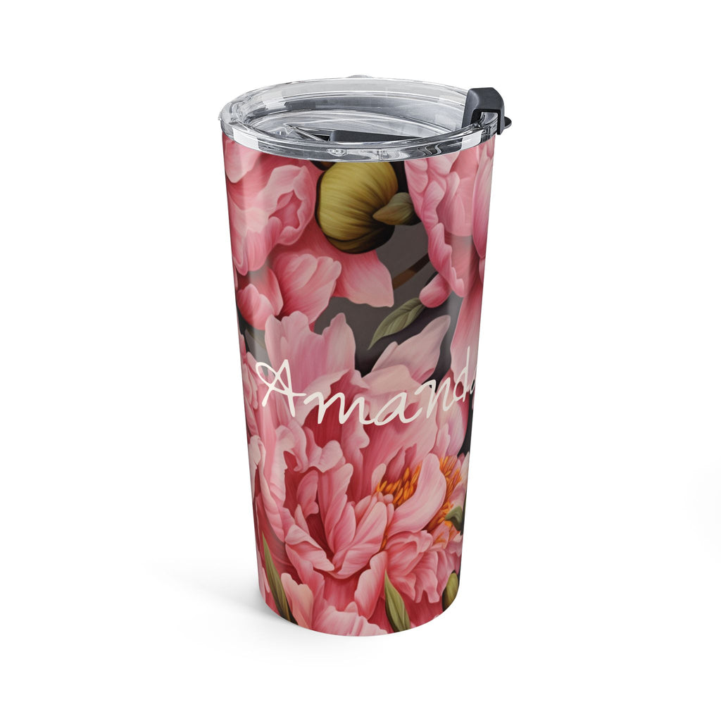 Personalized tumbler with lush pink peonies on charcoal and a name in white script