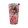 Personalized tumbler with lush pink peonies on charcoal and a name in white script