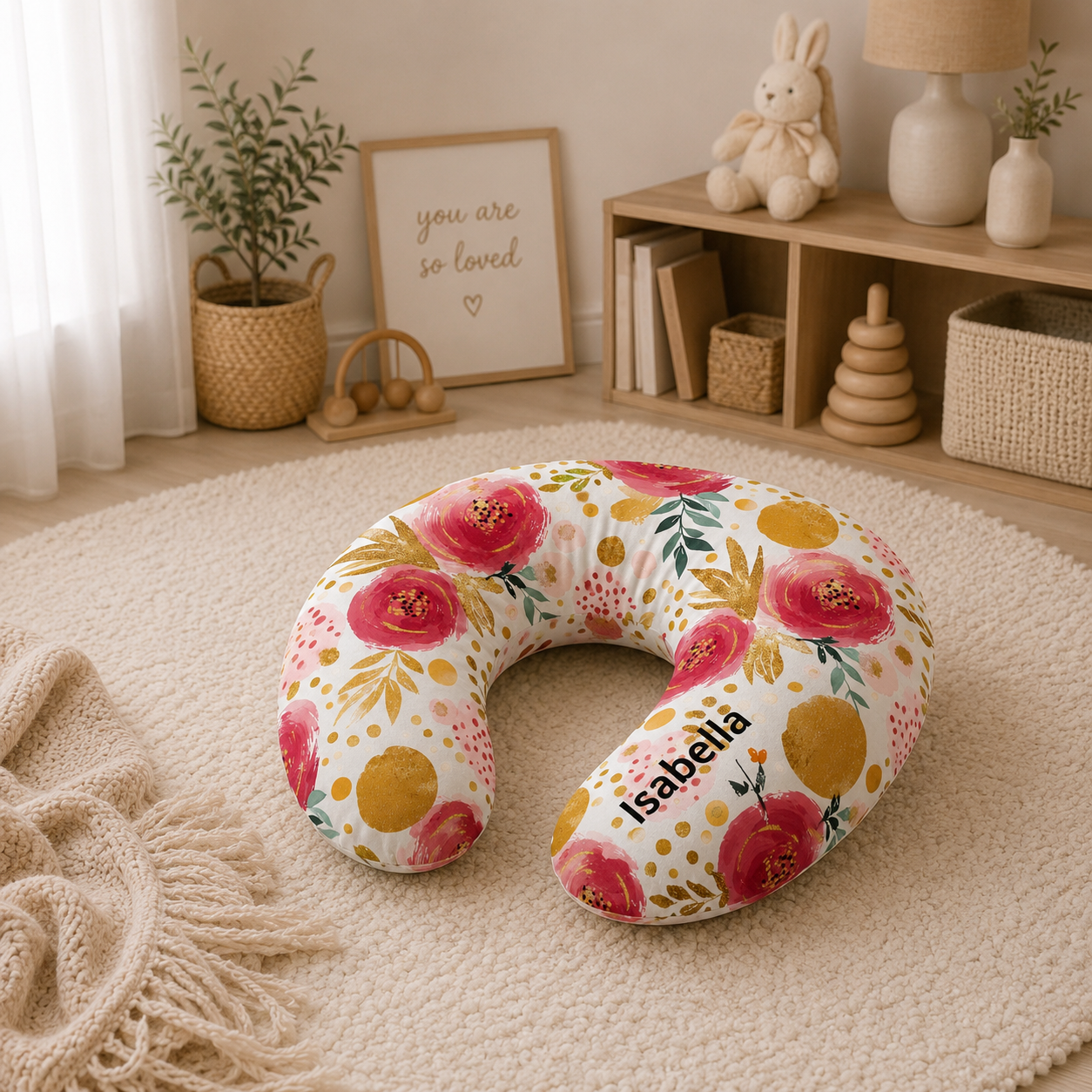 Close-up of the pink rose and gold pattern on the nursing pillow cover