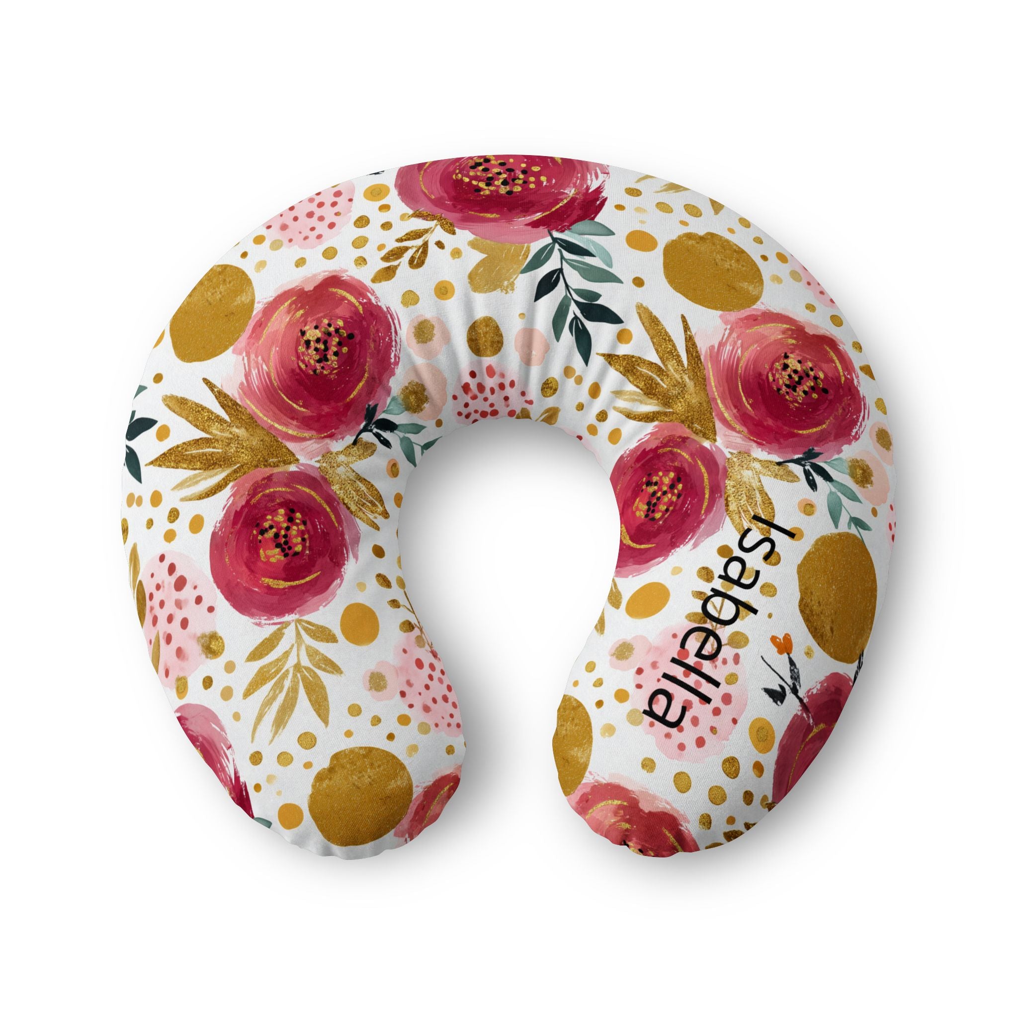 Personalized nursing pillow cover in pink watercolour roses and gold with a custom baby name