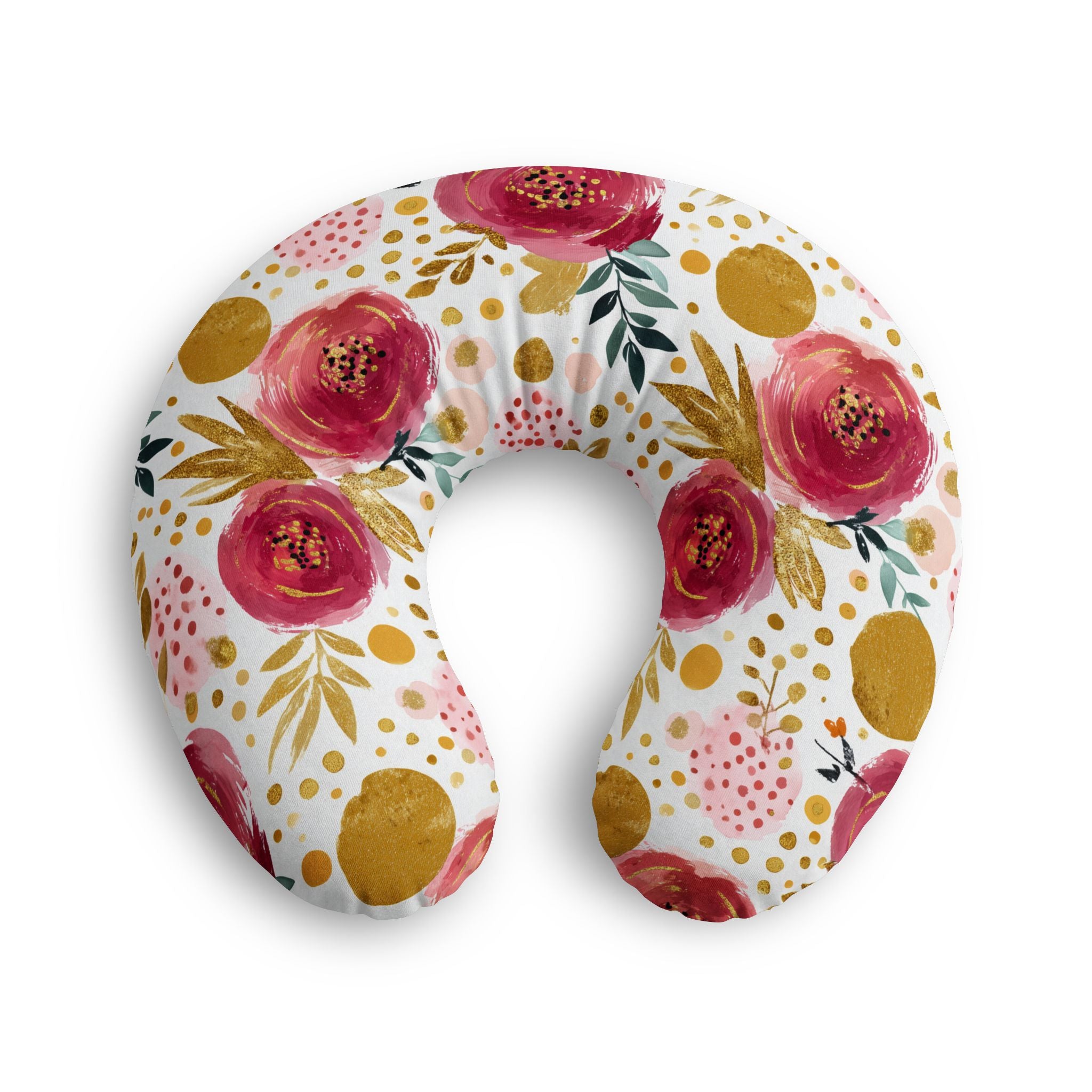 Pink rose and gold floral nursing pillow cover shown from another angle