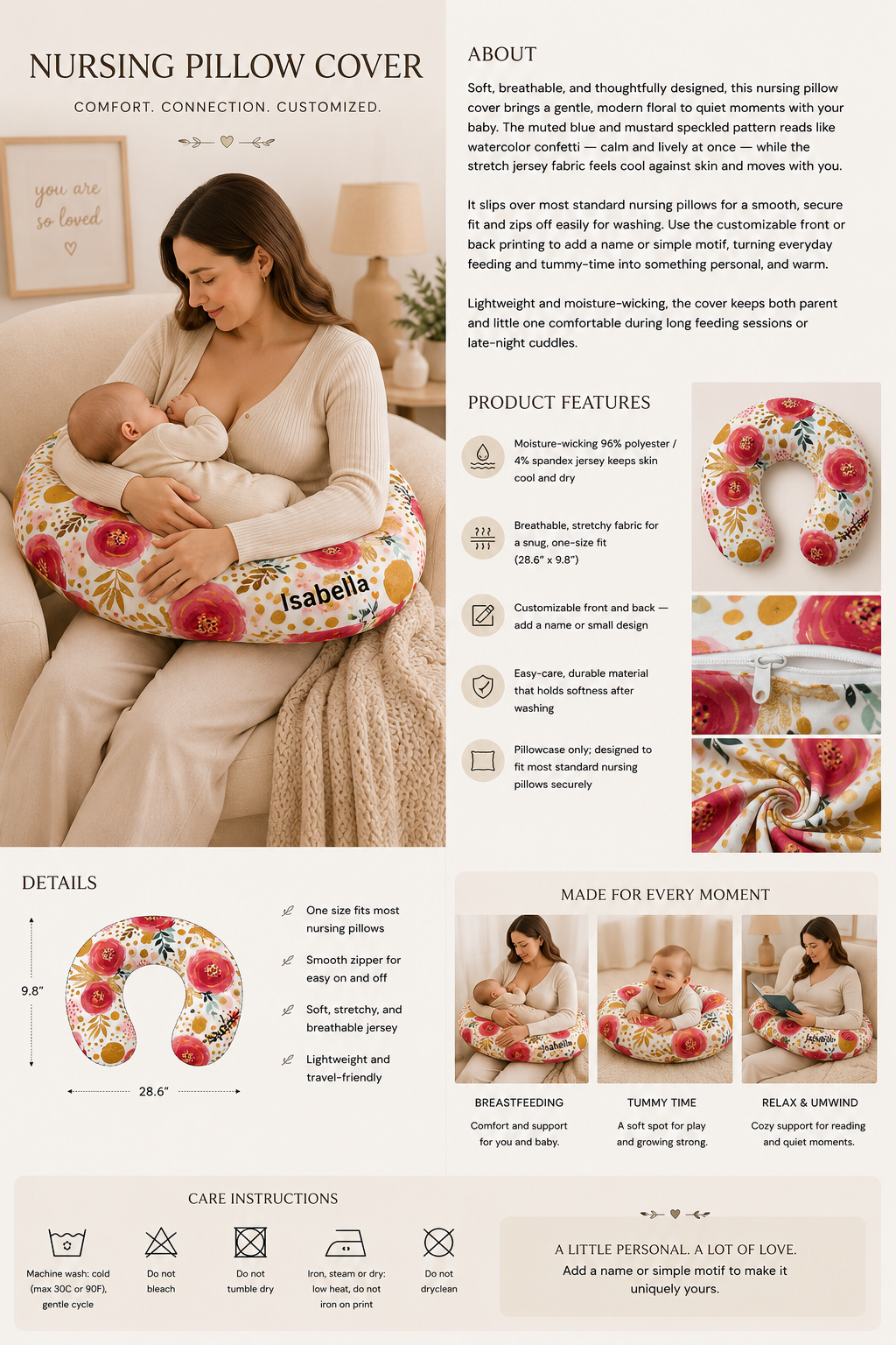 Pink floral nursing pillow cover styled in the nursery