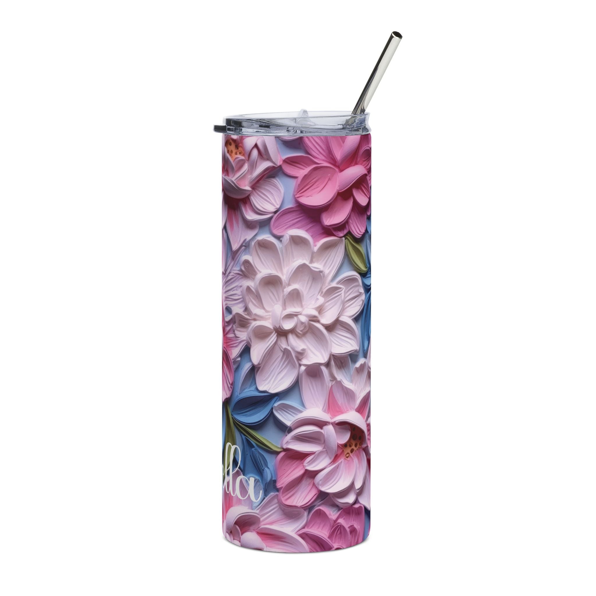 Personalized pink peony tumbler shown from another angle to display the full floral wrap