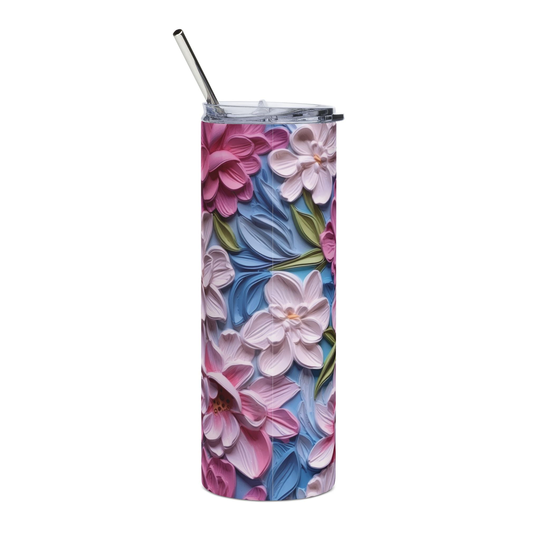 Close-up of the clear lid and metal straw on the pink peony stainless steel tumbler