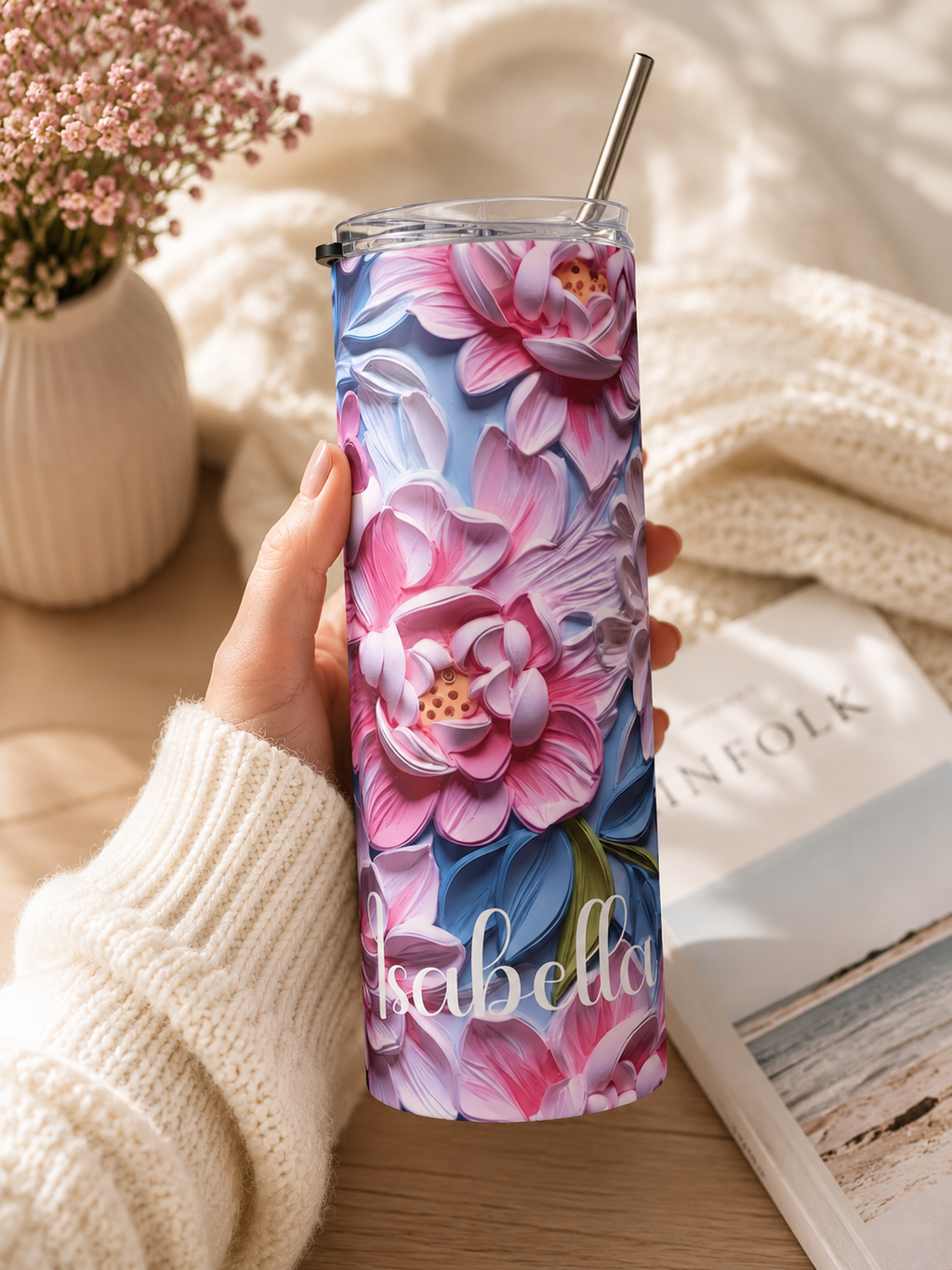 Pink peony name tumbler styled on a desk in a bright lifestyle scene