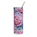 Personalized pink peony skinny tumbler with metal straw and a name in white script